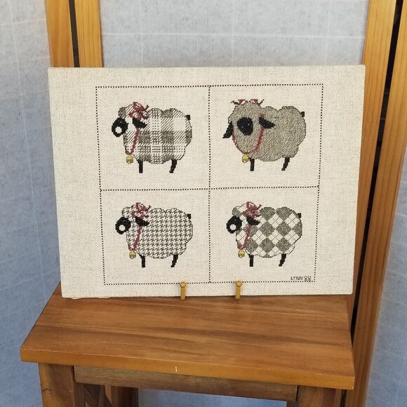 Vintage Cross Stitch Sheep Woolen Pattern Sampler 1988 15" x 12" Mounted on Chip - Picture 2 of 12
